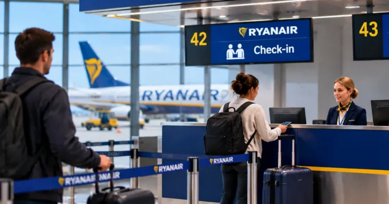 Ryanair check-in counters ahead of the new 60-minute deadline